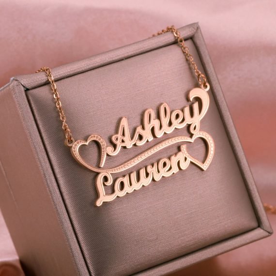 Simple Looking Custom Made Rose Gold Color Plated Two English Names Necklace Personalized Name Necklace For Stainless Steel Casual Jewelry Lovers Best Quality Jewelry With Heart Pendant