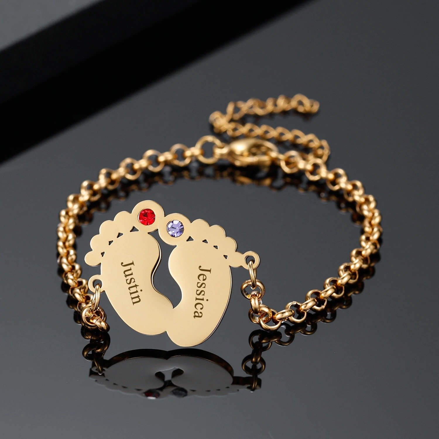 Gold Color Plated High Quality Stainless Steel Jewelry Baby Feet Jewelry With Engraved Name Women's Wrist Jewelry Personalized Minimalist Name Jewelry For Ladies High Quality Jewelry For Ladies