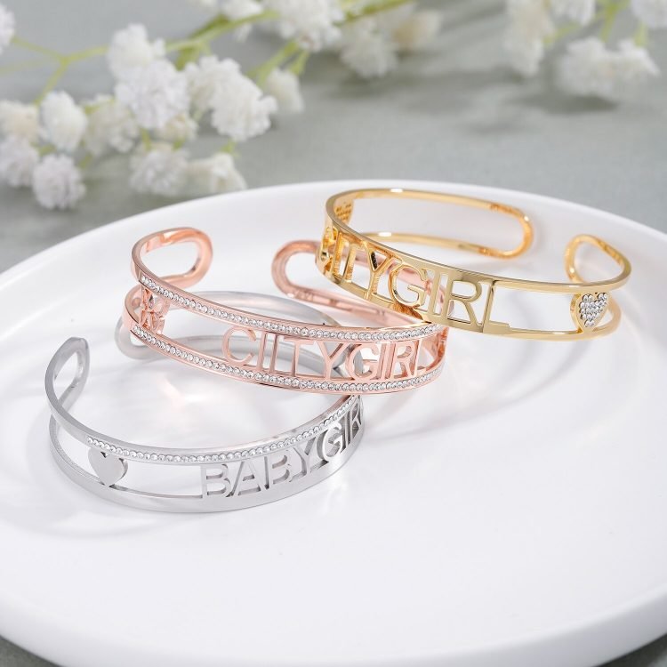 Gold Silver Rose Gold Color Plated Custom Made Name Bangle For Women High Quality Certified Crystal Initials Bangle Jewelry Gift For Women Stylish Jewelry For Women