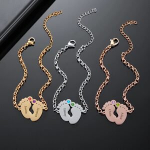 Premium Quality High End Personalized Jewelry Women's Nice Looking Simple Jewelry For Ladies Birth Months Stone Baby Feet Pendant Bracelet Link Chain Baby Feet Wrist Jewelry For Women