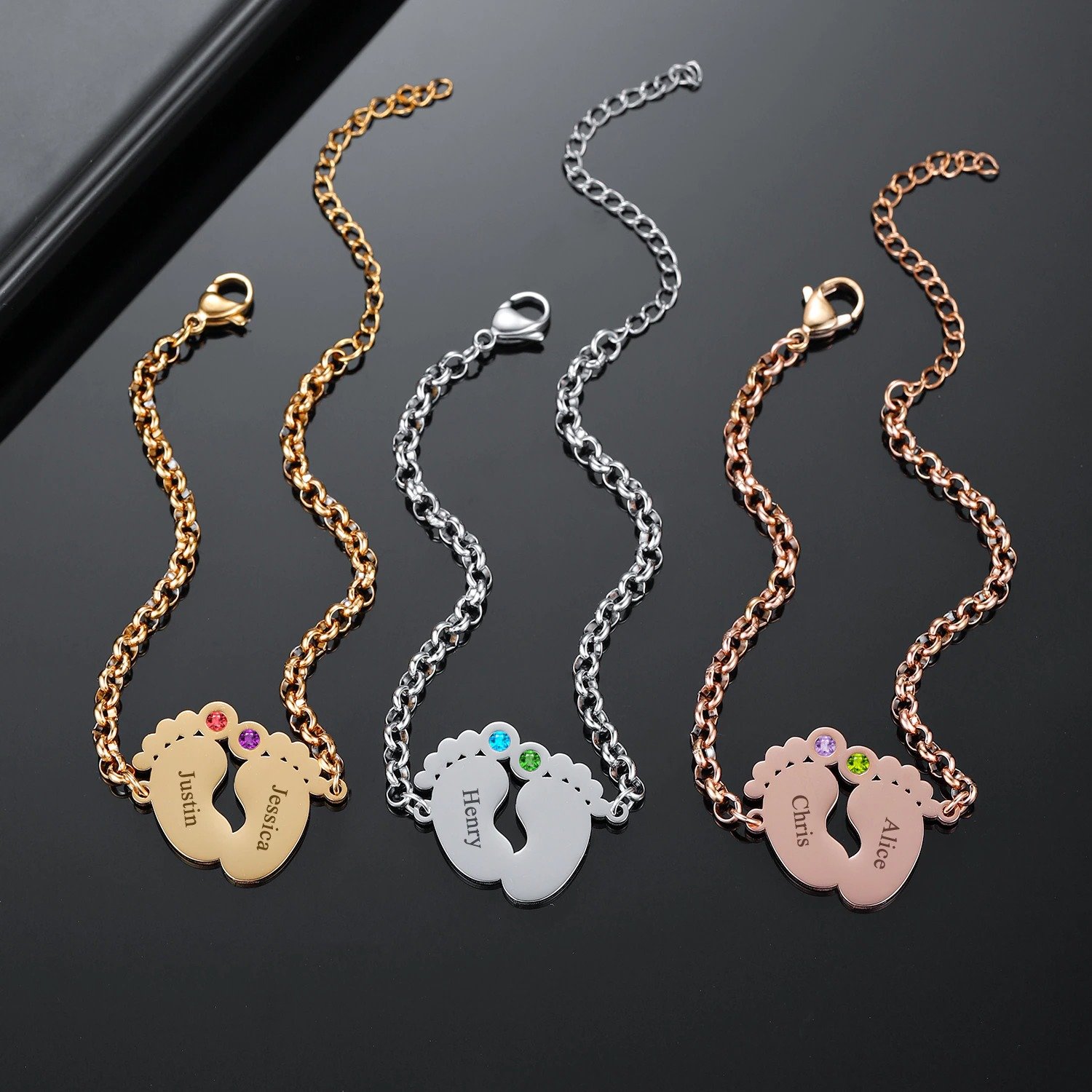 Premium Quality High End Personalized Jewelry Women's Nice Looking Simple Jewelry For Ladies Birth Months Stone Baby Feet Pendant Bracelet Link Chain Baby Feet Wrist Jewelry For Women