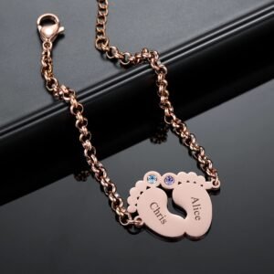 Rose Gold Color Plated Baby Feet Birthstone Wrist Jewelry Minimalist Custom Made High Quality Name And Birth Month Stone Custom Jewelry Item Personalized Nice Looking Custom Jewelry For Ladies