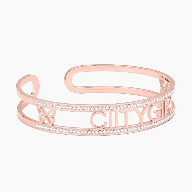 Rose Gold Color Plated Custom Made To Order Crystal Name Crafted Cute Looking Stylish Bangle Jewelry Gift For Women Personalized Bling Jewelry With Name For Your Girl