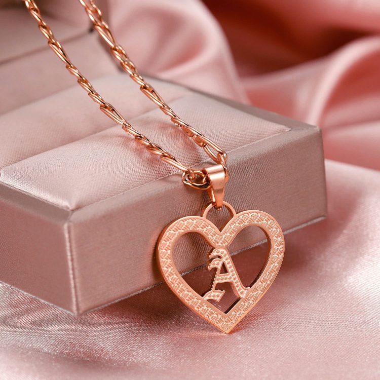 Rose Gold Color Plated Heart Pendant One Initial Link Chain Necklace Jewelry Gift To Loving Girl Big First Initial Personalized Jewelry Minimalist Unique Crafted Necklace With Heart