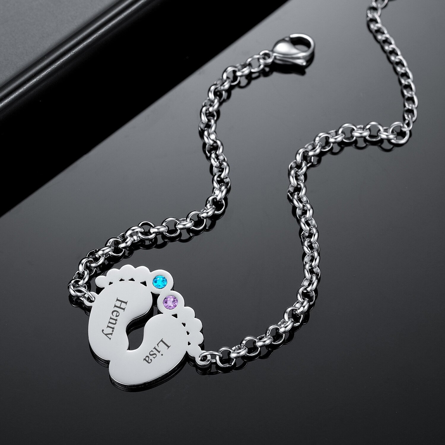 Silver Color Plated Baby Feet Birthstone Wrist Jewelry Simple Custom Made Best Quality Name And Birth Month Stone Custom Jewelry Item Minimalist Looking Custom Jewelry For Women
