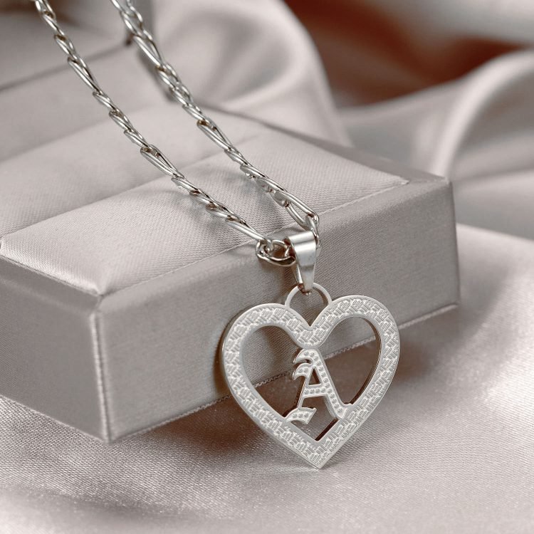 Silver Color Plated Heart Pendant Single Initial Thick Chain Letter Necklace Jewelry Gift To Lovers First Initial Personalized Jewelry Unique Crafted Letter Necklace With Heart Pendant