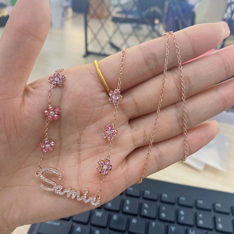 floral name custom design pink sparkling name necklace for women kids daughter mother sister friend birthday graduation special celebration