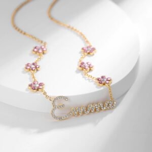 personalized custom flower chain name necklace for women pink floral crystal sparkling custom name design