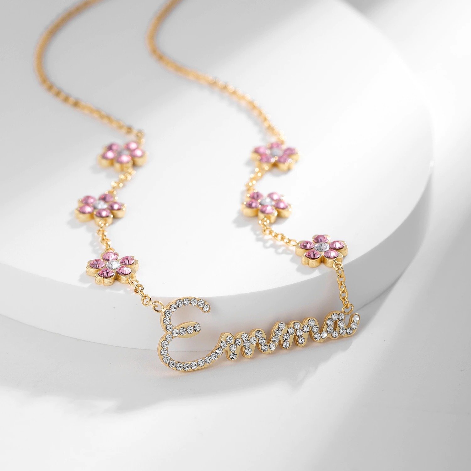 personalized custom flower chain name necklace for women pink floral crystal sparkling custom name design