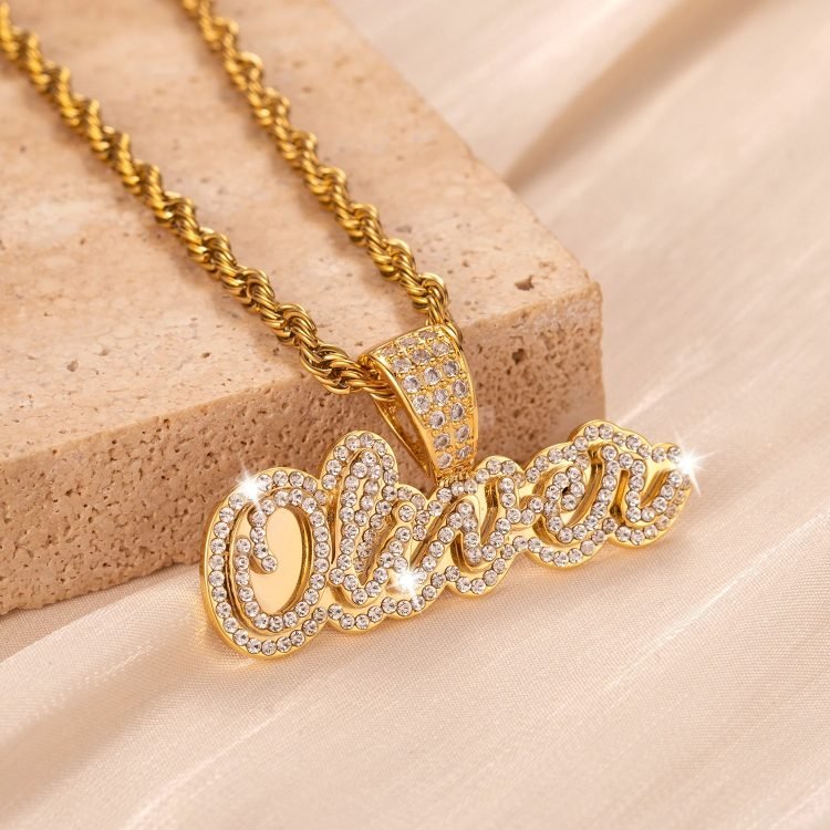oliver name sparkling iced out custom crystal inlaid cursive handwritten name necklace
