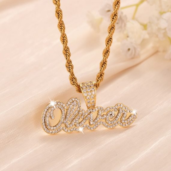 personalized custom crystal inlaid cursive handwritten name necklace