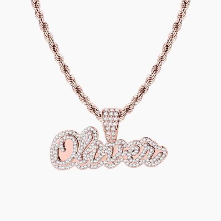 personalized rose gold custom crystal inlaid cursive handwritten name necklace