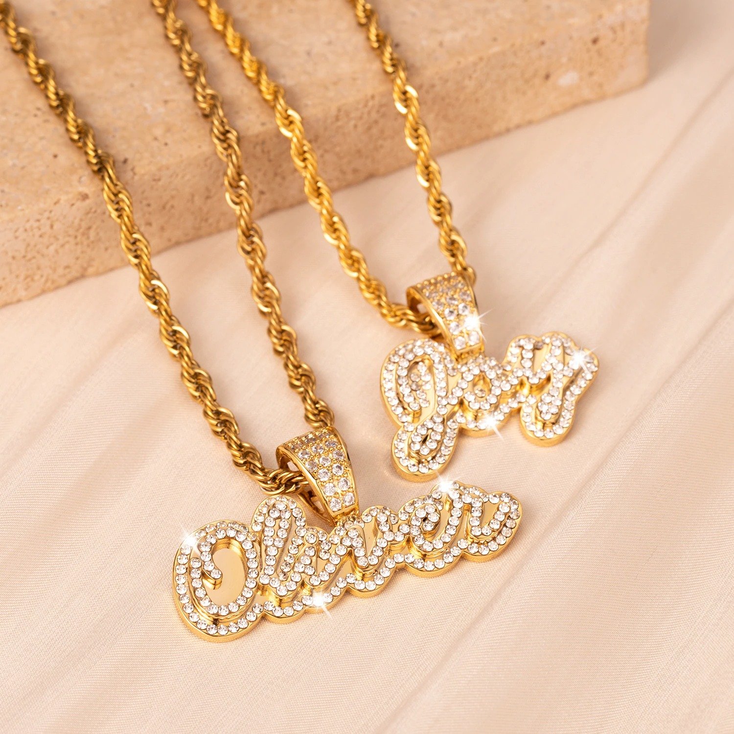 sparkling iced out custom crystal inlaid cursive handwritten name necklace