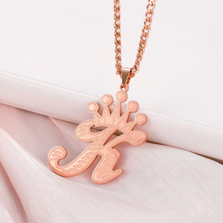 Rose Gold Color Plated Custom Crown Letter Necklace Premium Quality Custom Made One English Letter Pendant Chain Crown Initial Personalized Jewelry Necklace For Women