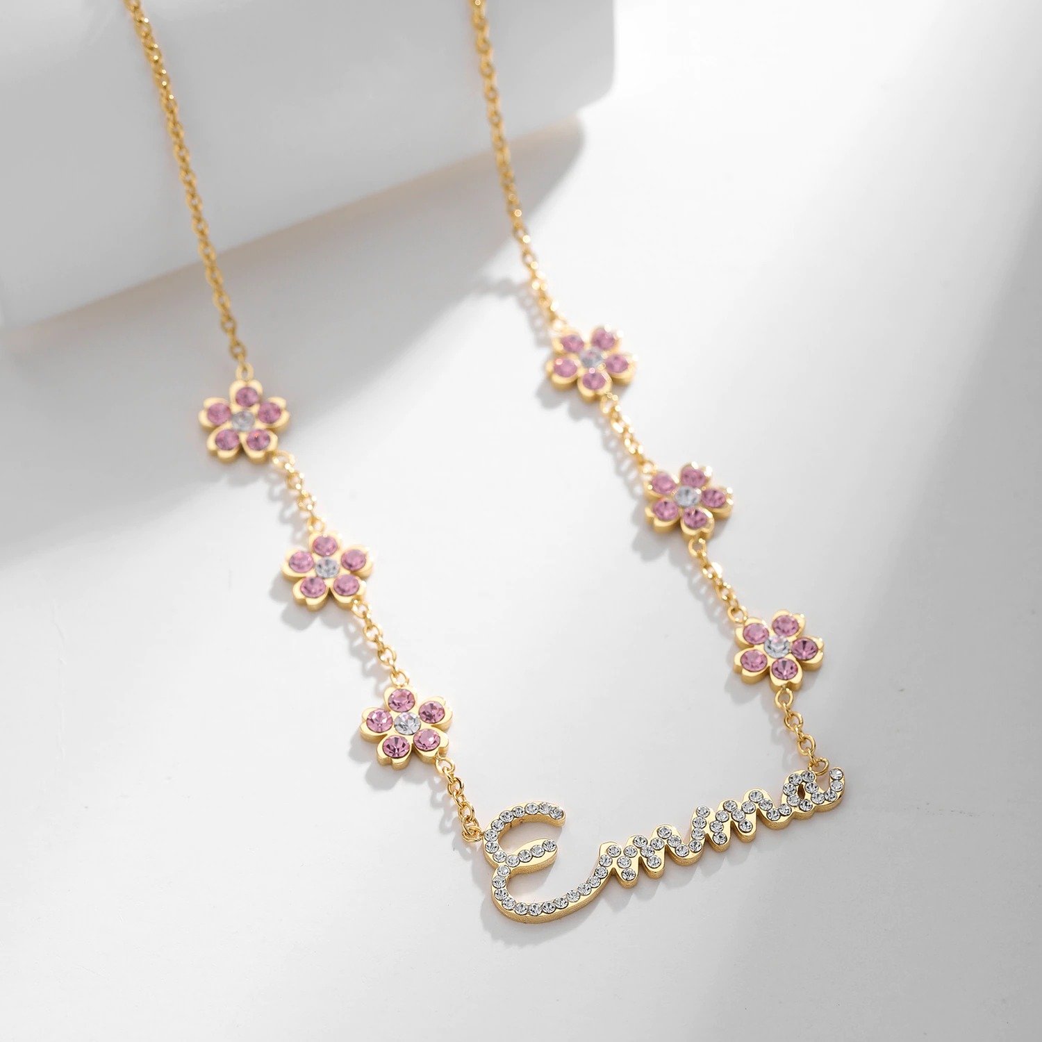 crystal inlaid personalized flower name necklace