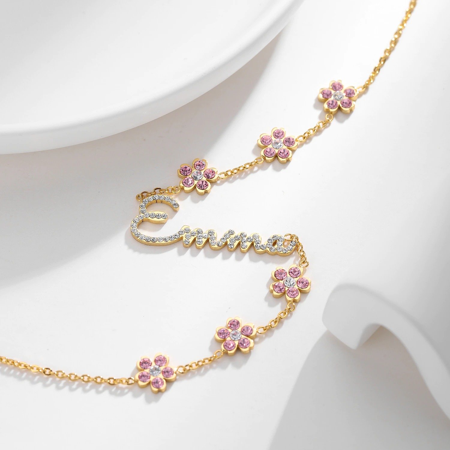 custom design personalized women name chain bling flowers pink crystals