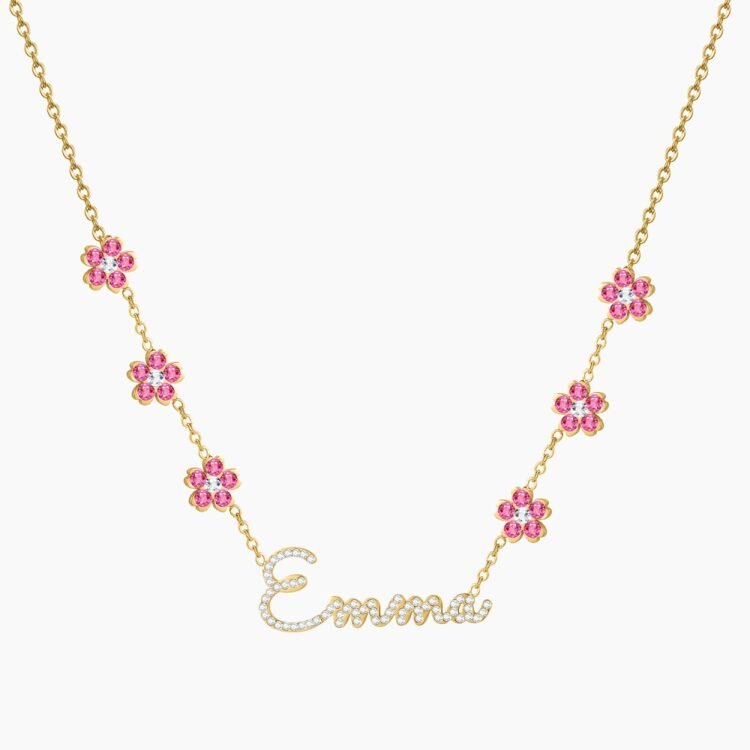 custom flower name necklace in gold color