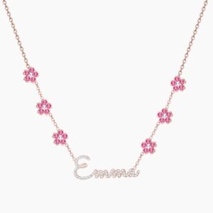custom flower name necklace in rose gold color