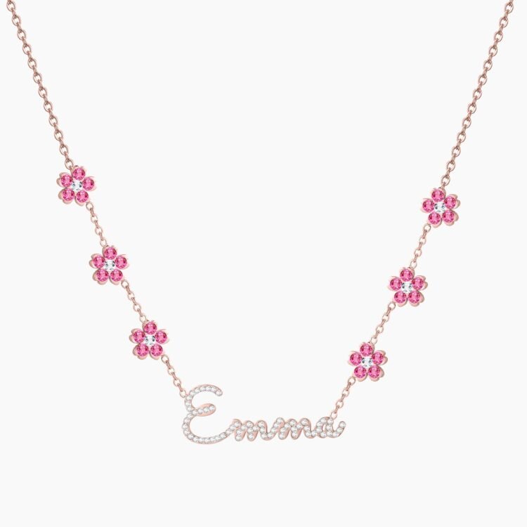 custom flower name necklace in rose gold color