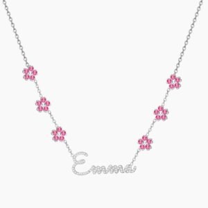 custom flower name necklace in silver color