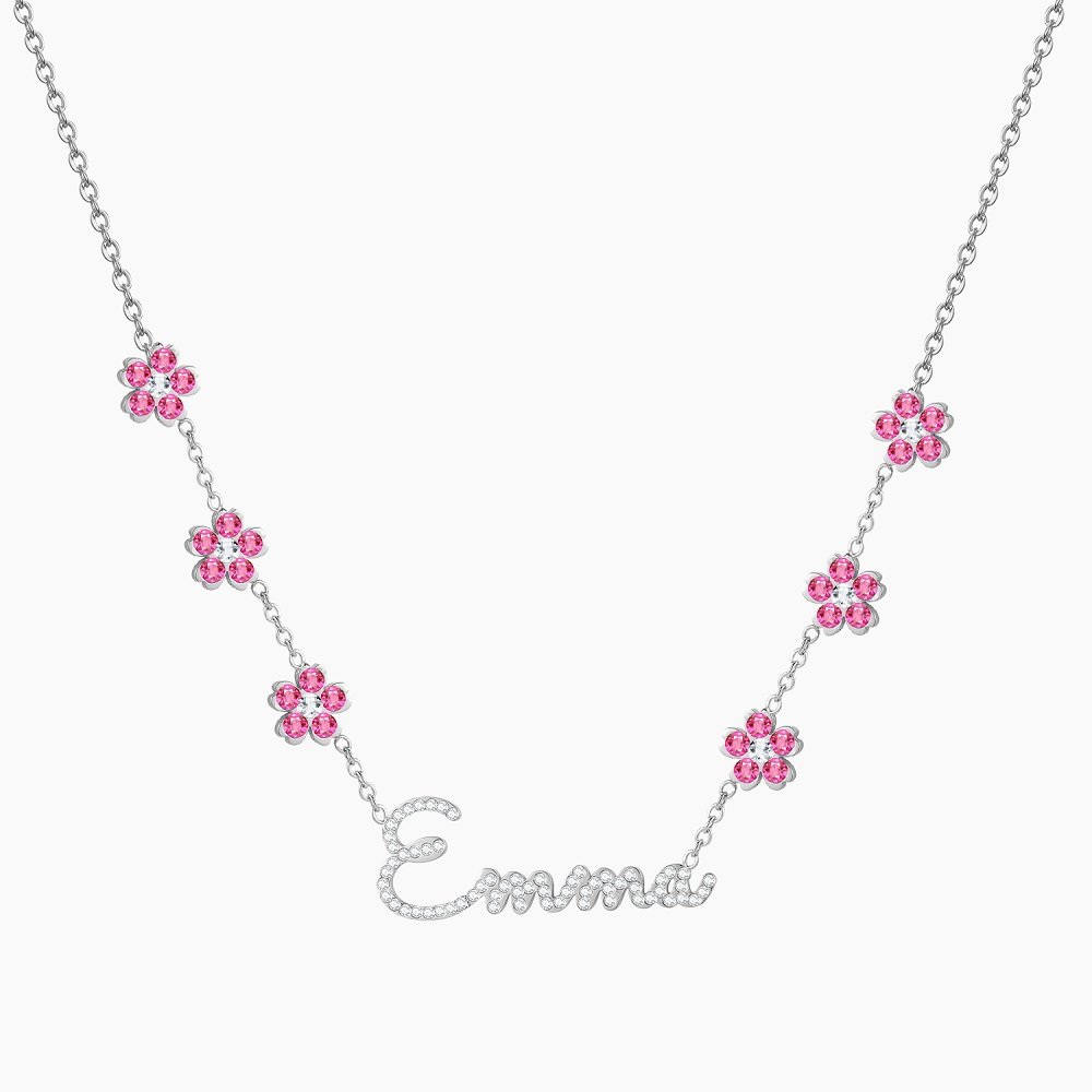 custom flower name necklace in silver color