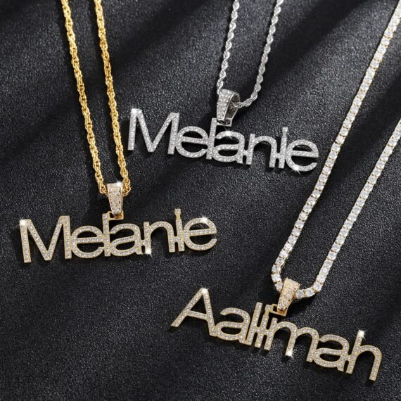 bling personalized custom name necklace design with big bold pendant design with tennis chain and rope chain and cuban chain