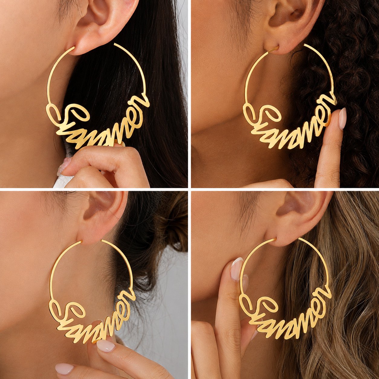 Close-up 2 x 2 collage of four women wearing gold Custom Name Hoop Earrings with personalized cursive name designs