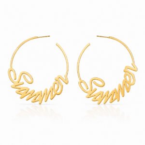 Custom Name Hoop Earrings in polished gold with a personalized cursive name design on a white background