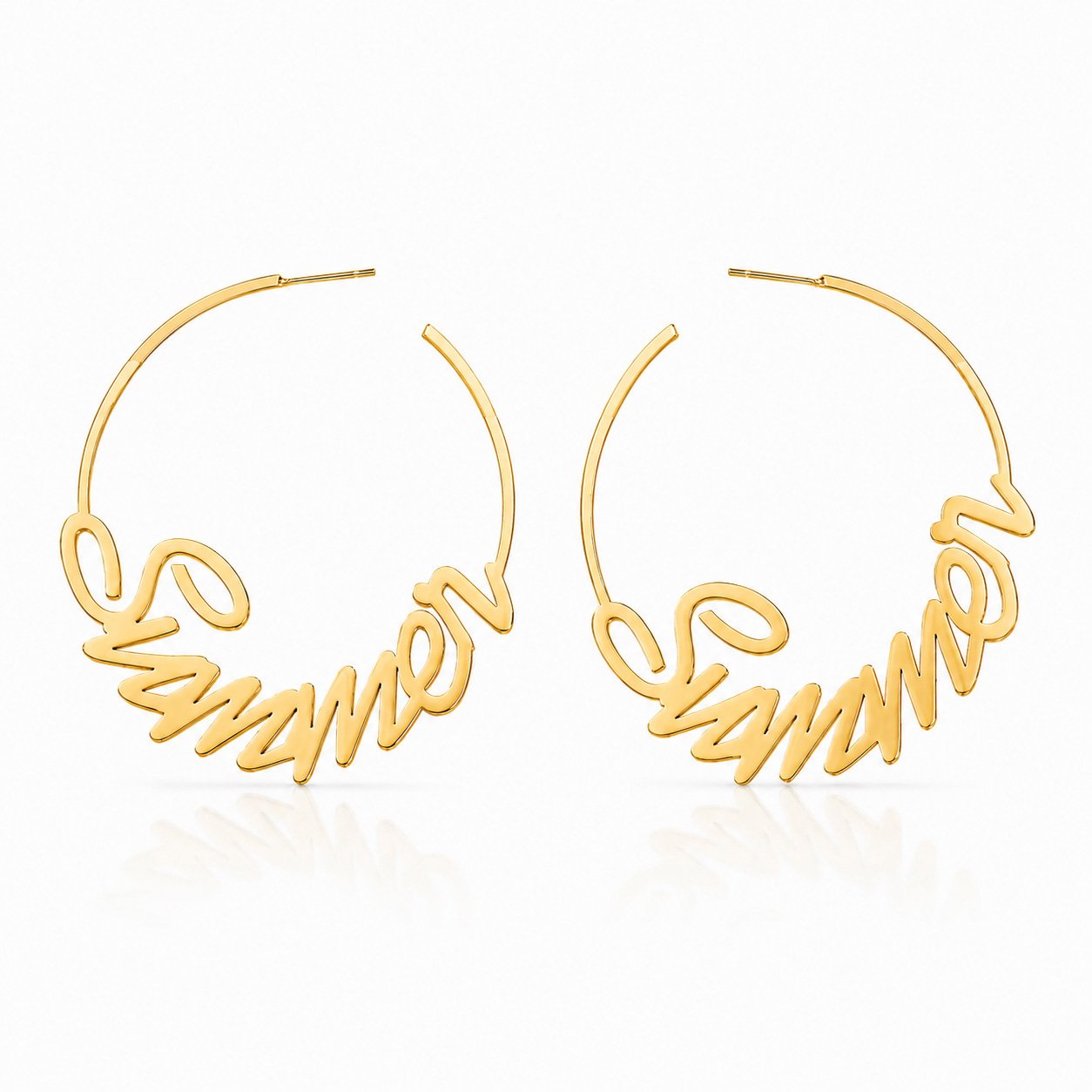 Custom Name Hoop Earrings in polished gold with a personalized cursive name design on a white background