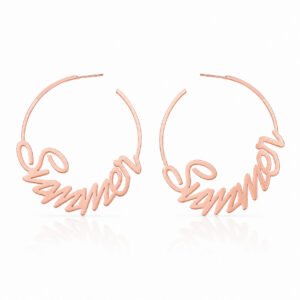 Rose gold Custom Name Hoop Earrings featuring a personalized cursive name design on a white background