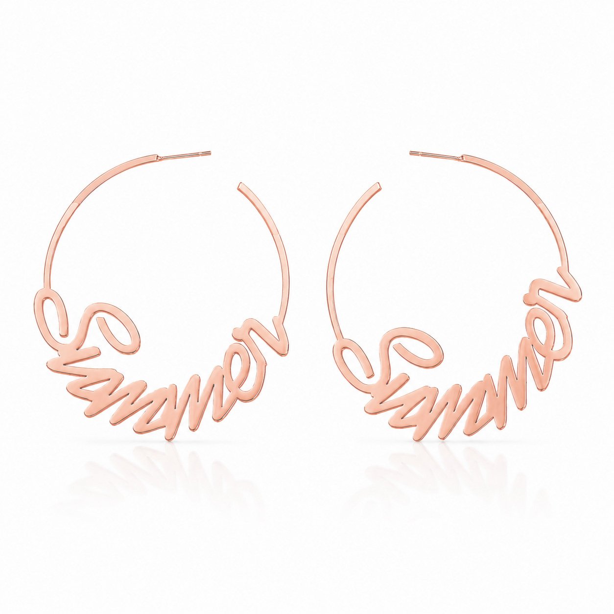 Rose gold Custom Name Hoop Earrings featuring a personalized cursive name design on a white background