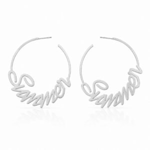 Silver Custom Name Hoop Earrings featuring a personalized cursive name design on a white background_