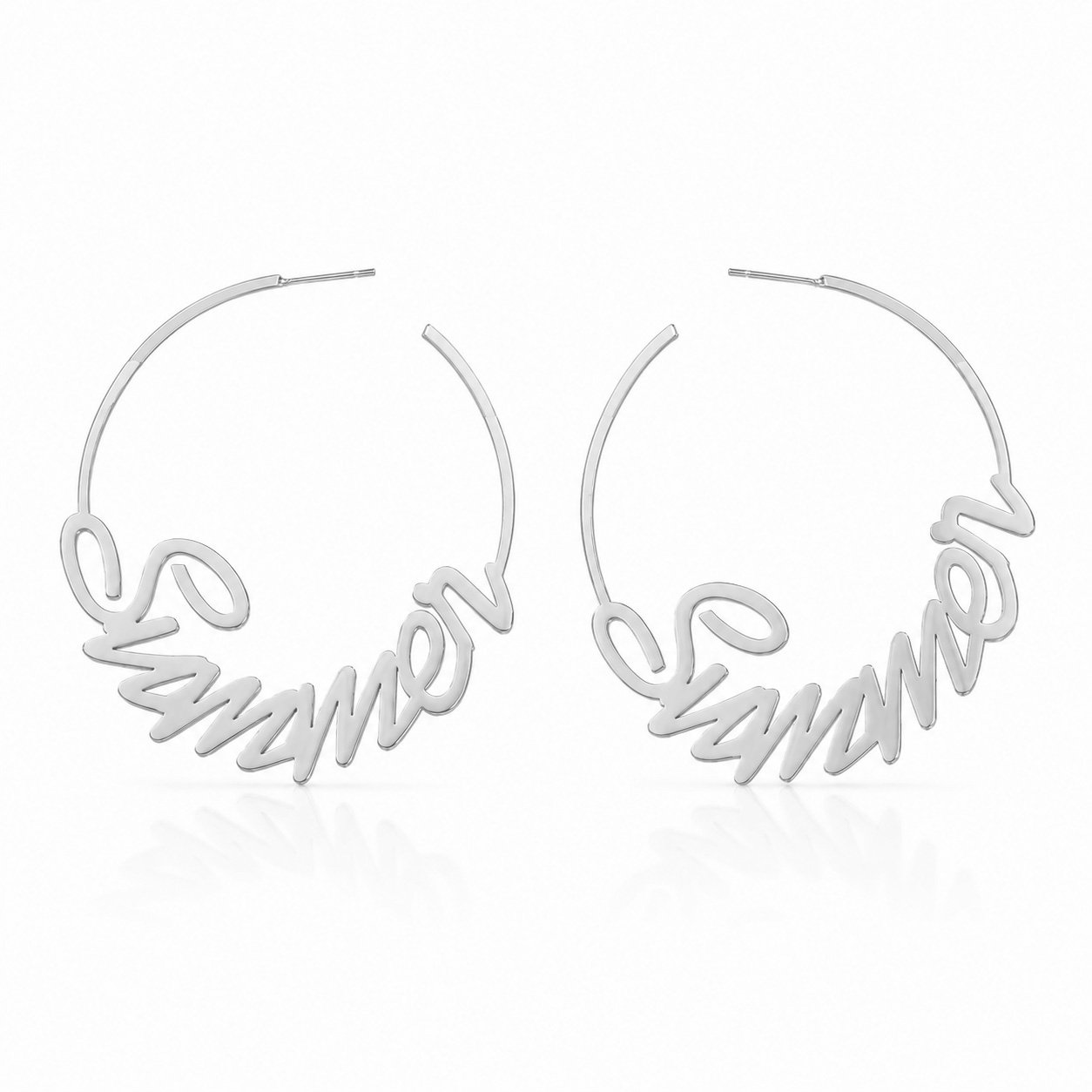 Silver Custom Name Hoop Earrings featuring a personalized cursive name design on a white background_