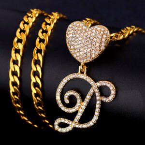 D initial letter necklace for hip hop women jewelry design iced out bling sparkling crystal letter with cursive font