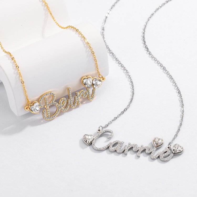 beceff silver gold crystal sparkling bling hearts cute nice cursive name custom necklace design for daughter