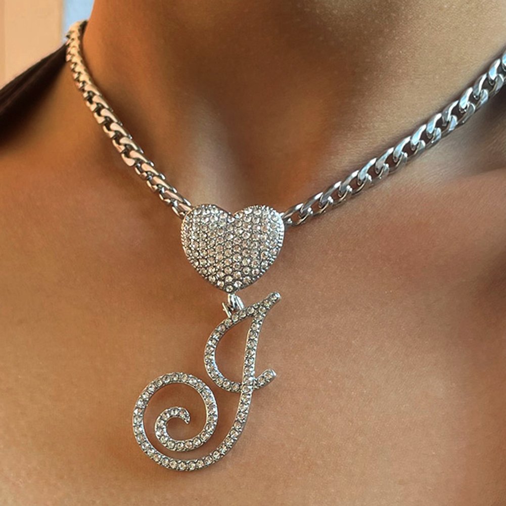 cursive J initial bling heart pendant hip hop jewelry custom necklace