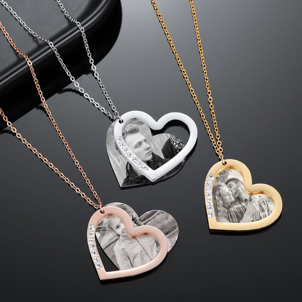 custom photo twin heart necklace design for women heart double engraving