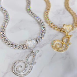 personalized iced out heart pendant initial necklace chain