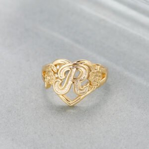 personalized custom heart letter ring with flowers gold silver rose gold