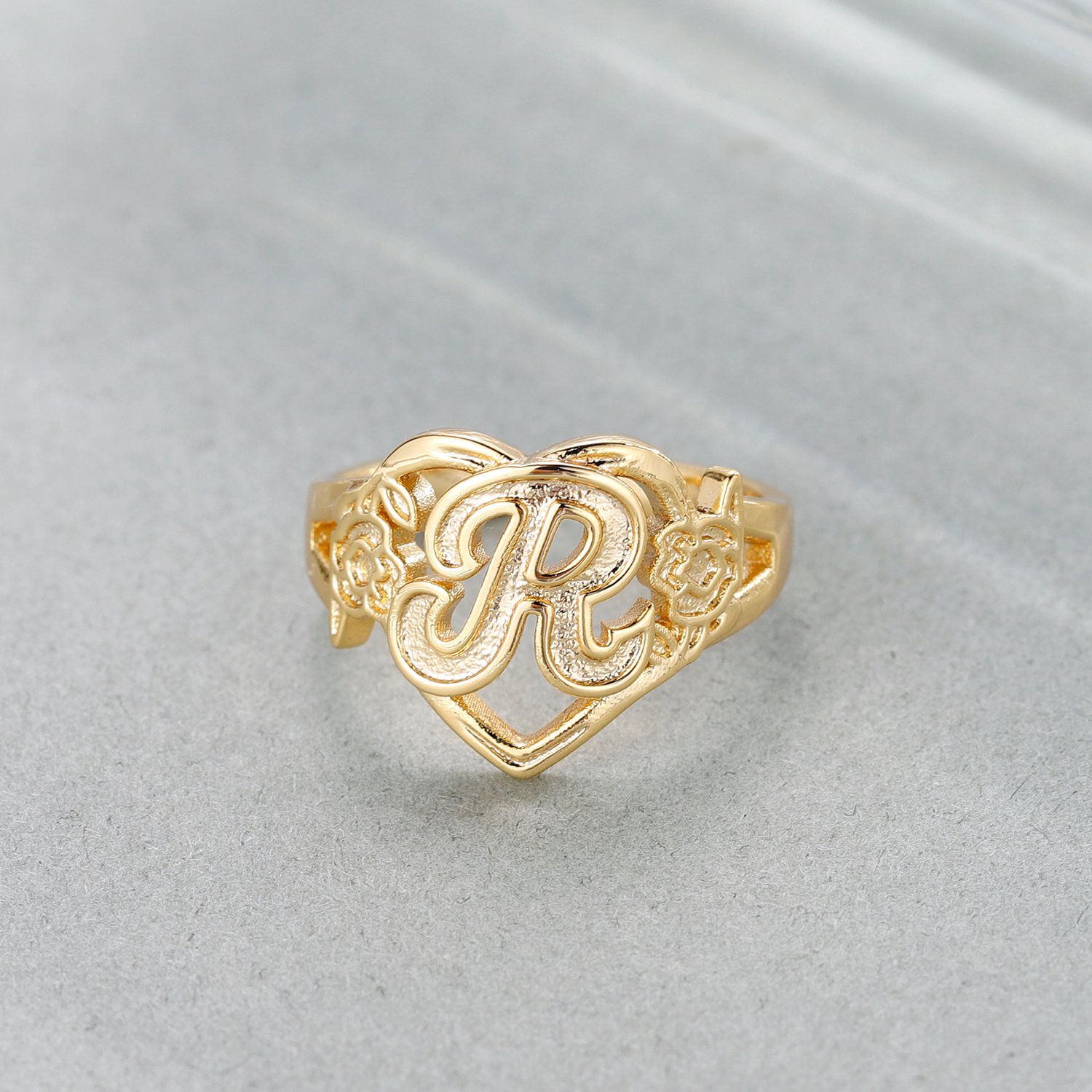 personalized custom heart letter ring with flowers gold silver rose gold