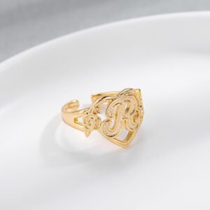 personalized custom initial letter ring with floral heart design