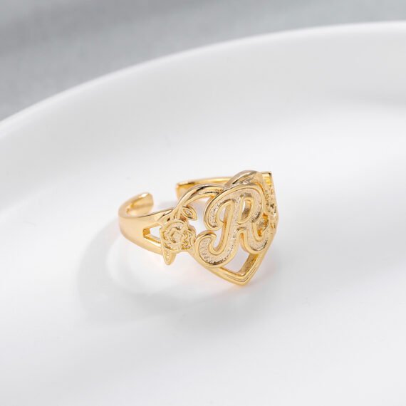 personalized custom initial letter ring with floral heart design