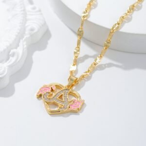 personalized custom pink heart flower letter initial necklace design
