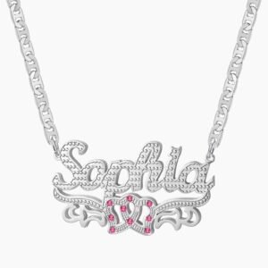 customizable pink crystals double hearts custom name necklace design