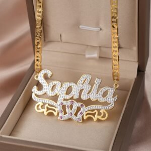 love name custom personalized double hearts pink crystals name necklace