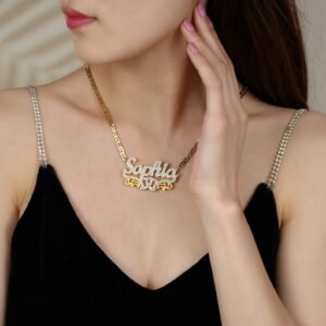 twin hearts pink crystal personalized custom name necklace