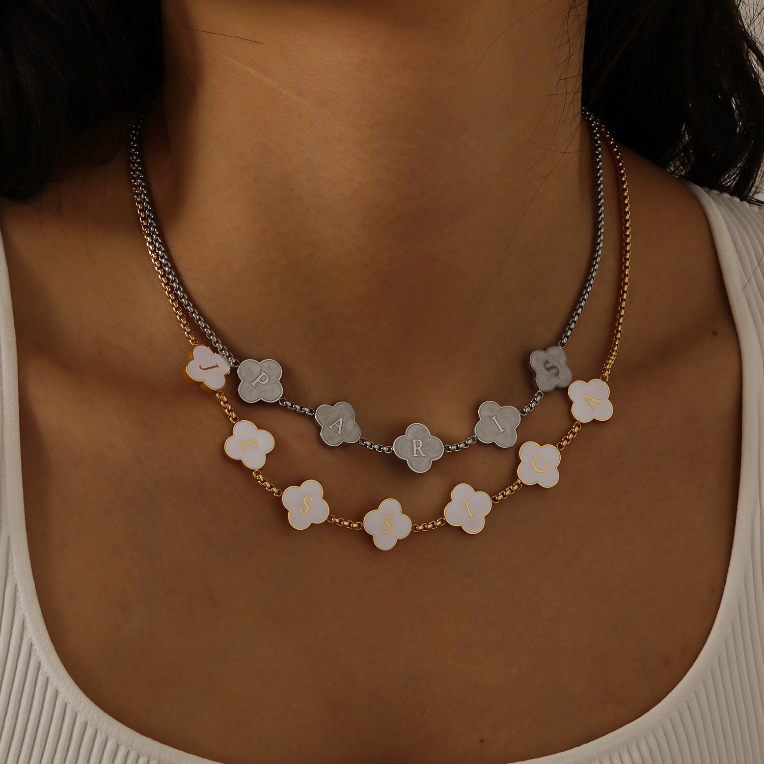 Cute Custom Clover Letters English Personalized Name Necklace 7
