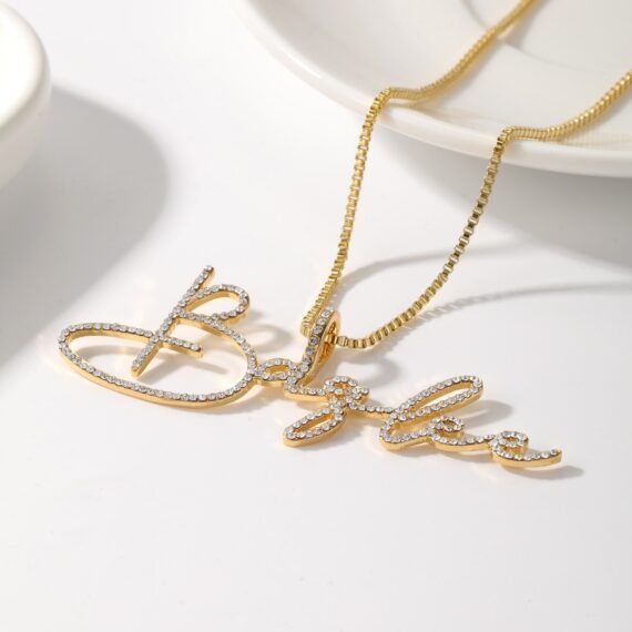 Personalized Script Crystal Inlaid Name Necklace Design with Handwriting Signature Font Style Custom Name Nameplate Necklace Photo 1