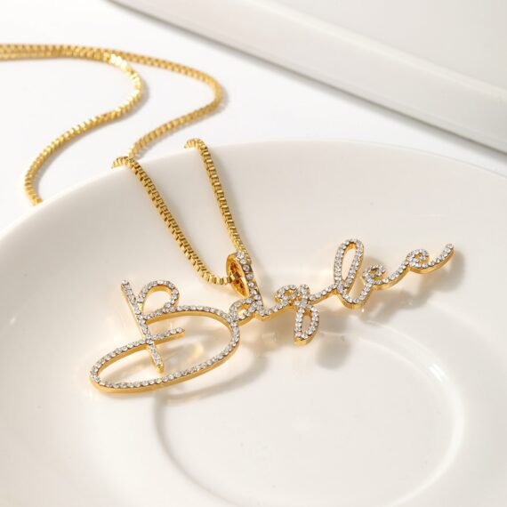 Personalized Script Crystal Inlaid Name Necklace Design with Handwriting Signature Font Style Custom Name Nameplate Necklace Photo 5