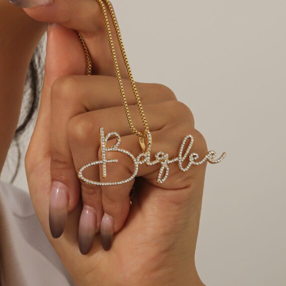 Personalized Script Crystal Inlaid Name Necklace Design with Handwriting Signature Font Style Custom Name Nameplate Necklace Photo 6